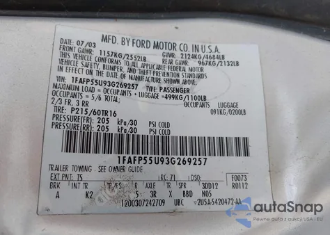 2003 Ford Taurus Ses из США, поврежденный, VIN 1FAFP55U93G269257